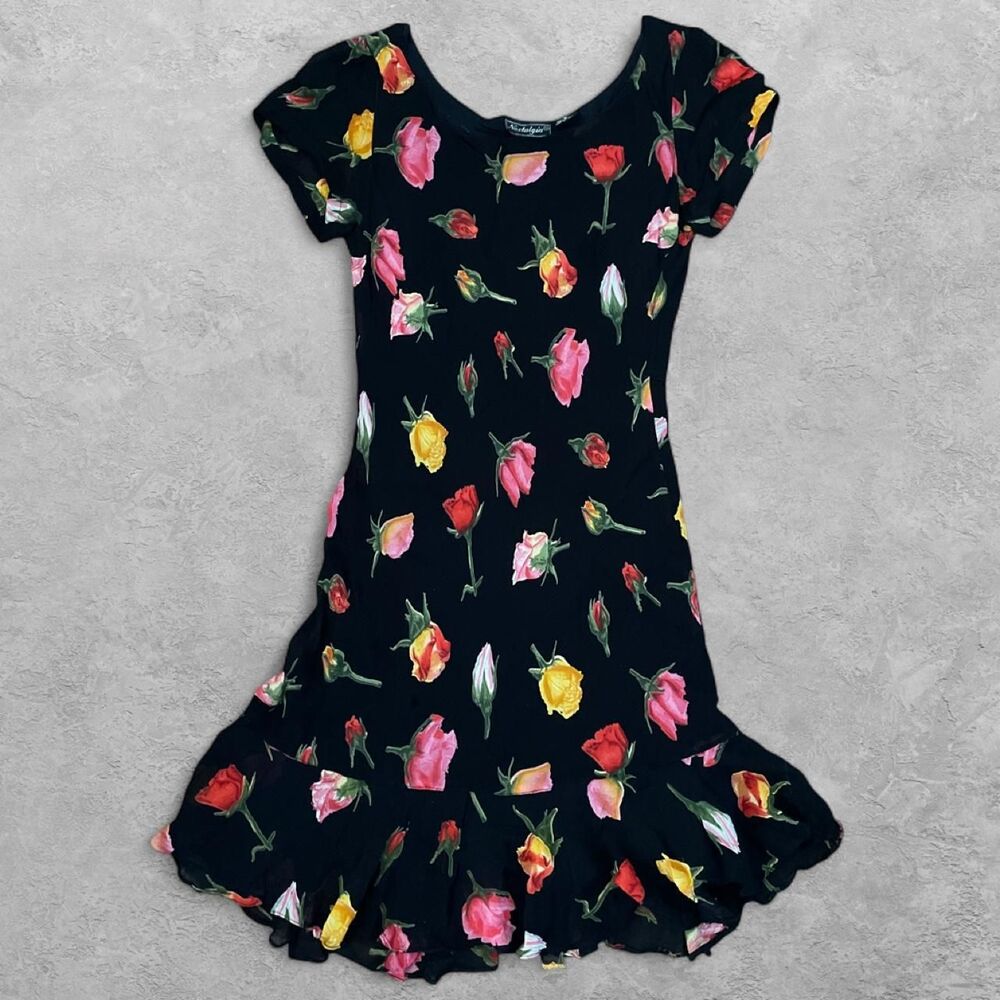 VTG 90s Nostalgia Floral Black Midi Dress Size M